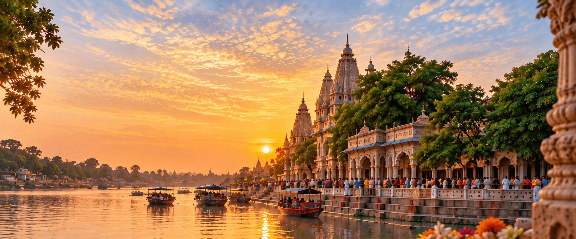 Yamuna riverfront temples and boats at sunset in Mathura–Vrindavan, Braj